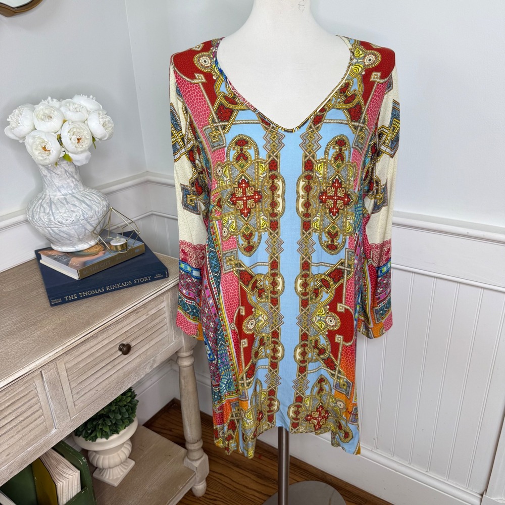 Johnny Was Multicolor Geometric Mosaic V-Neck Rayon Tunic Dress Small Boho